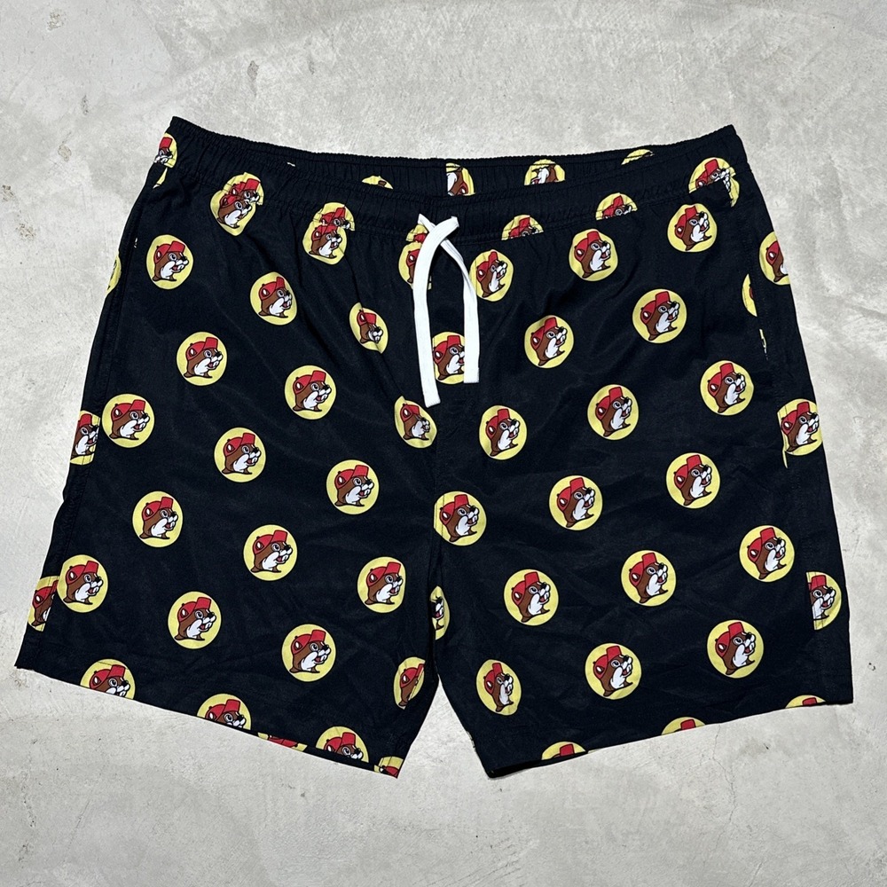 Buc-ees Swim Trunks Men's SZ 2XL Black Beaver Print Drawstring Mesh Lined Shorts